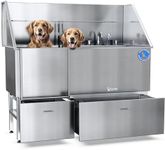 KANIS Professional Stainless Steel Dog Bathing Station - Dog Grooming Tub w/Ramp, 2 Storage Drawers, Floor Grate & Faucet/Dog Bathtub for Large, Medium & Small Pets (61", Left RAMP - 2 Drawers)