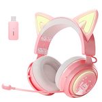 SOMiC GS510 Cat Ear Headset Wireless Gaming Headsets for PS5/ PS4/ PC, Pink Headset 2.4G with Retractable Mic Noise Cancelling, 7.1 Stereo Sound,10H Playtime, RGB Lighting for Girls, Women