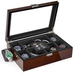 BEWISHOME Jewelry Box for Men, Mens Jewelry Box with Glass Top, Wooden Watch Box Organizer with Smooth Faux Leather Interior, Jewelry Display Case for Earrings Rings Bracelets Watches, Brown SSH07Y