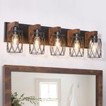 5-Light Farmhouse Bathroom Vanity Light, Wood Bathroom Lighting Fixtures Over Mirror, Black Bathroom Light Fixtures with Cage Metal Shade, Rustic Vanity Light for Bathroom, Hallway