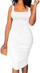 Mookyun Women's Sexy Bodycon Tank Top Dress Sleeveless Backless Basic Ruched Stretchy Party Club Midi Dresses, White, Medium