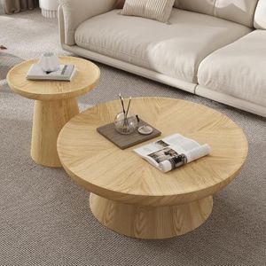 FHKJ Round Nesting Coffee Table Set of 2 – 35.43" & 19.69" Light Wood Coffee & Side Tables, Pedestal Living Room Table for Small Space, Fully Assembled, Natural Wood