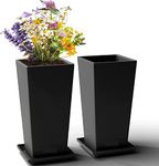 Lavish Craft Tall Metal Planters 22 inch Tall, Set of 2 Decorative Rectangular Display for Balcony Galvanized Iron Large Metal Pots for Outdoor and Indoors, with 14" Tray for Entry, Patio (Black)