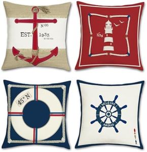 Bonhause Federe per Cuscini Nautico 45 x 45 cm Copricuscini Decorativi Ancora Faro Rosso Blu Navy Federa per Cuscino Divano Casa All’aperto Decorazione Set di 4