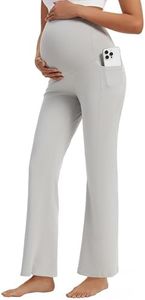 M MOTEEPI Maternity Work Pants 29" Over Belly Stretchy Pregnancy Dress Pants Adjustable Waistband Side Pockets for Work Leggings Light Gray Medium