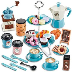 CYZAM Tea Party Set Pretend Play Food Playset Accessories, Coffee Pot Dessert Play Kitchen Set Toy for 3 4 5 6 7 8 Years Old Kids Boys Girls