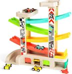 TOP BRIGHT Car Ramp Toy for Toddler, Baby Race Track Vehicle Playsets with 4 Wooden Cars, 2 Parking Lots, 1 Gas Station and 5 Car Ramps for 2 Years Old Boy & Girl