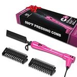 Pink Mini Hot Comb 200-500 Degree, Hair Trends Electric Pressing Comb for Black Hair, Portable Ceramic Straightening Comb, Anti-Scald Plug in Hot Comb Hair Straightener for Wigs, 4C Hair & Beard