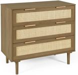 HOPUBUY 3 Drawer Dresser for Bedroom, Rattan Dresser Modern Closet Dressers Chest of Drawers, Wood Brown 3 Drawer Storage Chest for Kids Bedroom, Hallway, Living Room