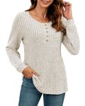 MISFAY Lightweight Sweaters for Women Lantern Sleeve Henley Tshirt Fall Casual Crewneck Button Tunic Tops(Apricot-L)