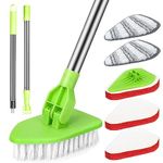 3 in 1 Shower Scrubber with Adjustable Long Handle, Bathroom Tile Cleaning Brush Scrubbing Brush with Replaceable Stiff Bristle and Sponge Scourer Tub Scrubber for Shower, Floor, Bathtub (Green)