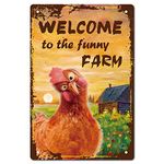 CREATCABIN Welcome to The Funny Farm Sign Chicken Metal Tin Signs Retro Vintage Wall Decor Art Mural Hanging Iron Painting Plaque Poster Farmhouse Garden Bar Club Door Yard Decorations 8 x 12 Inch