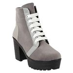 Shoetopia Women Grey Block Heeled Lace Up Boot-EU36