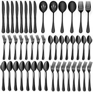 LIANYU 46-Piece Black Silverware Flatware Set for 8, Stainless Steel Flatware with Serving Utensils, Elegant Cutlery Tableware Includes Forks Spoons Knives, Mirror Polished