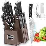 MOSFiATA 15-Piece Chef Knife Set, Super Sharp Professional Kitchen Knife Set with Block, German High Carbon Stainless Steel Cooking Kitchen Knives Set with Knife Rod Sharpener Finger Guard Gift Box