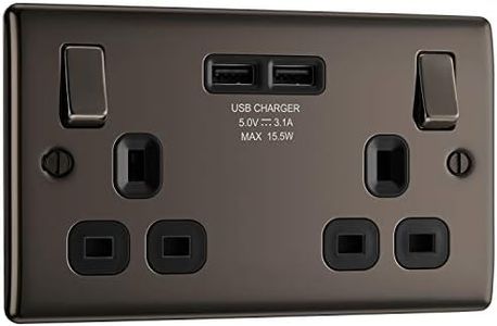 BG Electrical Double Switched Fast Charging Power Socket with Two USB Charging Ports, 13 A, Black Nickel