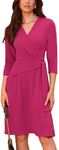 Cocktail Dress for Women V Neck Wrap 4/3 Sleeve Midi Swing Stretchy Dress for Work Hot Pink 2XL