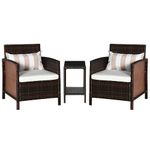 Outsunny 3 Pieces Rattan Bistro Set, Wicker Garden Furniture Set, Glass Top 2-tier Coffee Table and Chairs Set with Pillows and Washable Cushions for Outdoor, Patio, Balcony, Brown