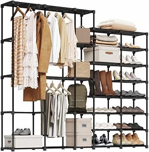 UNITSTAGE Portable Closet Wardrobe Clothes Rack with Shelves Freestanding Closet Organizer with Shoe Rack for Hanging Clothes 77.4x11.8x66 Inches for Bedroom Living Room with Rubber Hammer Black