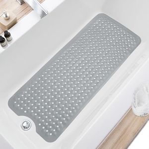 TEESHLY Bath Tub and Shower Mats, Non Slip 40 x 16 Inch Extra Large Bathtub Mat, Machine Washable Bathmat with Drain Holes, Suction Cups for Bathroom Floor, Gray