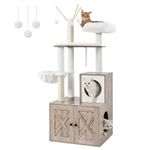 Feandrea WoodyWonders Cat Tree with Litter Box Enclosure, 2-in-1 Modern Cat Tower, Cat Condo with Scratching Posts, Removable Pompom Sticks, Washable Cushions, Greige PCT113G01