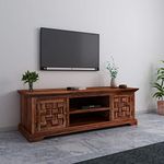 Furinno sheesham wood standard tv entertainment unit multipurpose display storage cabinet with 2 door and 2 shelf for living room bedroom home office hotel (natural brown finish)