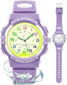 DTKID 7 Colorful Lights Children's Watch Boys Girls, Kids 30 M Waterproof Analog Watch Soft Rubber Band Easy to Read Dial Time Lessons Wristwatch Child 5-18 Years Old(Purple)