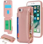 Cavor for iPhone SE Case 2022/2020,iPhone 8/7 Case with Card Holder,iPhone SE Wallet Case for Women Men,Phone Case iPhone 8 Case with Wallet,Leather Zipper Pocket Card Slots Cover-Rose Gold