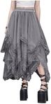 SHENHE Women's Lace Trim Layered Mesh Tulle Skirt High Waist Asymmetrical Long Goth Skirt Grey M