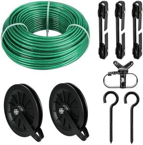 Outdoor Clothesline Kit, 150ft Green PVC Coated Galvanized Clothes Line Pulley Kit with 6.3" Clothesline Pulley, M8 Metal Hooks, 3Pcs Separator, Outdoor Clothes Line Heavy Duty
