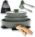 Kitchen Academy Non Stick Cookware Set, 10 Piece Granite-Coated Induction Pots and Pans Set with Detachable Handle, Stackable RV Cooking Set for Camping, Camp, Green