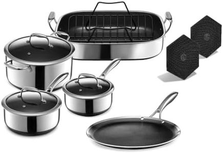 HexClad Hybrid Nonstick 10-Piece Cookware Set, Roasting Pan with Rack, 12" Griddle, 2, 3, and 8Qt Pots with Lids, and 2 Silicone Trivets, Stay-Cool Handles, Dishwasher and Oven-Safe, Induction Ready