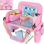 MENZOKE Kids Travel Tray, Car Seat Table Tray for Kids, Kids Car Tray with Educational Drawing Board，Tablet Holder & Cooler Cup Holder，Travel Table for Kids Gifts in Car, Airplane, Multicoloured