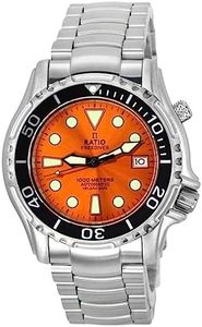 RATIO FreeDiver Dive Watch Sapphire Crystal Stainless Steel Automatic Diver Watch 1000M Water Resistant Diving Watch for Men (Orange)