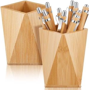 Henoyso 2 Pcs Pen Pencil Holder Geometric Pencil Cup Pencil Holder for Desk Wood Pencil Holder Geometric Pencil Stand Makeup Organizer for Pen Holder Desk Home Office Adults(Bamboo)