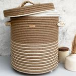 Nobbys Jute Cotton Striped Laundry Basket with Lid (14"D x 18"H) - 45 Litres,multicolour