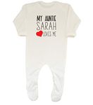 Shopagift Baby Personalised Any Name My Auntie Loves Me Sleepsuit Romper White, Customised Newborn Onesie Gift for Niece Nephew from Aunty Aunt