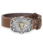 WHIPPY Mens Cowboy Belt Western Belts for Men Women with Engraved Floral Bull Head Buckle Western Leather Buckle Belt for Jeans,Brown-Copper 34 Inches