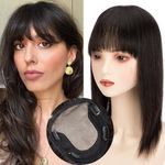 Lovenea 13x15cm Human Hair Topper with Bangs 14 Inch Straight Human Hair Silk Base 130% Density Clip In Toppers Hairpieces for Women With Hair Loss Thinning Hair Natural Black (1B#, 14 Inch)