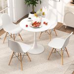 Tangkula 5-Piece Dining Table Set for 4, Kitchen Table Set with Seat & Solid Wood Legs, Modern Round Dinner Table & 4 Chairs for Home, White