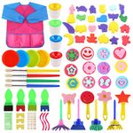 SULOLI 61 Pieces Sponge Drawing Brushes Kits for Kids, Foam Paint Brushes Set, Paint Pots, with Apron Multicolor