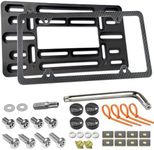 Aootf Front License Plate Bracket- Universal Front Bumper License Plate Mounting Kit, Car Tag Holder Adapter& Carbon Fiber Plate Cover, Anti-Theft Lock Screws, Caps, Nuts, For US Vehicle Trailer Truck