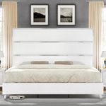 AMERLIFE Queen Bed Frame with 59" Tall Headboard, Velvet Upholstered Platform Bed with Mirrored Silver Plating/Wood Slats/No Box Spring Needed/White