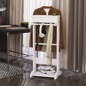 GLSCASA Wooden Garment Rack Clothes with Shoe Shelf, Freestanding Valet Stand with Storage Organizer, Valet Stand Stores Wallet, Jewelry, Watches, Keys in Entrance, Office, Bedroom, White