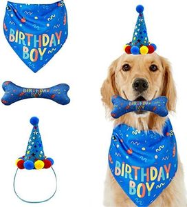 IDOLPET Dog Birthday Boy Bandana Hat Toy Set Pet Happy Birthday Party Supplies Triangle Bibs with Cute Bone Dog Birthday Scarf Accessories and Decoration for Doggy Large Dog – Blue