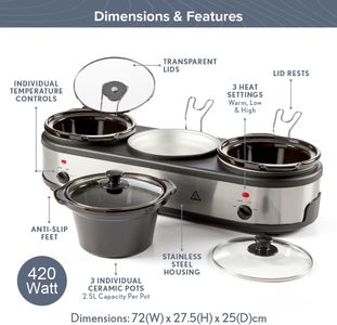 Quest Triple Slow Cooker 7.5L – 3 Pot Buffet Server