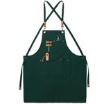 Canvas Aprons, Chef Aprons, Work Aprons for Men Women, Adjustable Strap Aprons with 3 Pockets, Apron for Servers Kitchen Cooking Baking Artist Painting, Cross Back (Green)