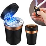 Zacxoxsr Car Ashtray Detachable Ceramics with Lid Blue Led Light with Removable Lighter Solar Energy and USB Dual Charging for Most Car Cup Holder (Black)