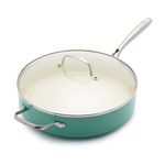 GreenLife Artisan Healthy Ceramic Nonstick, 5QT Saute Pan Jumbo Cooker with Helper Handle and Lid, Stainless Steel Handle, PFAS-Free, Dishwasher Safe, Oven Safe, Turquoise