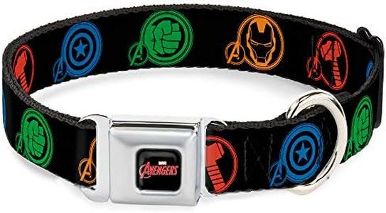 Buckle-Down Seatbelt Buckle Dog Collar - Marvel Avengers Superhero Logos Black/Multi Color - 1" Wide - Fits 11-17" Neck - Medium